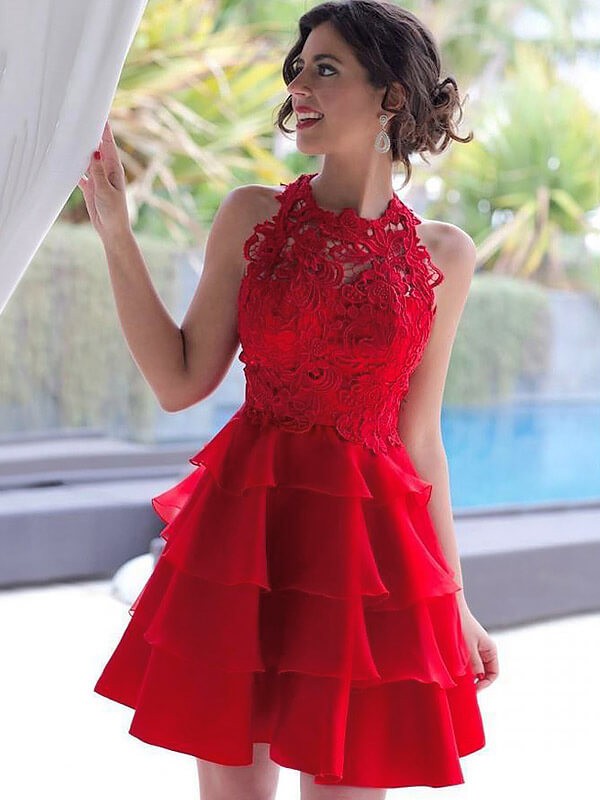 A-Line/Princess Jewel Sleeveless Regan Lace Homecoming Dresses Chiffon Short/Mini Dresses