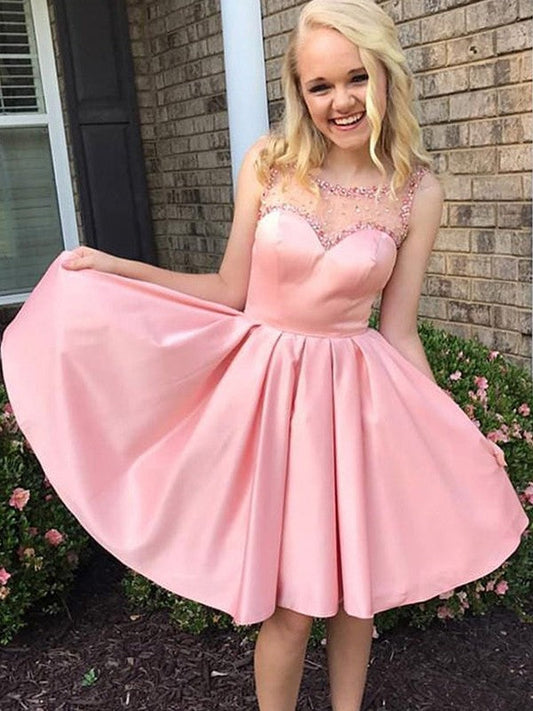 A-Line/Princess Satin Homecoming Dresses Lucile Ruffles Bateau Sleeveless Knee-Length Dresses