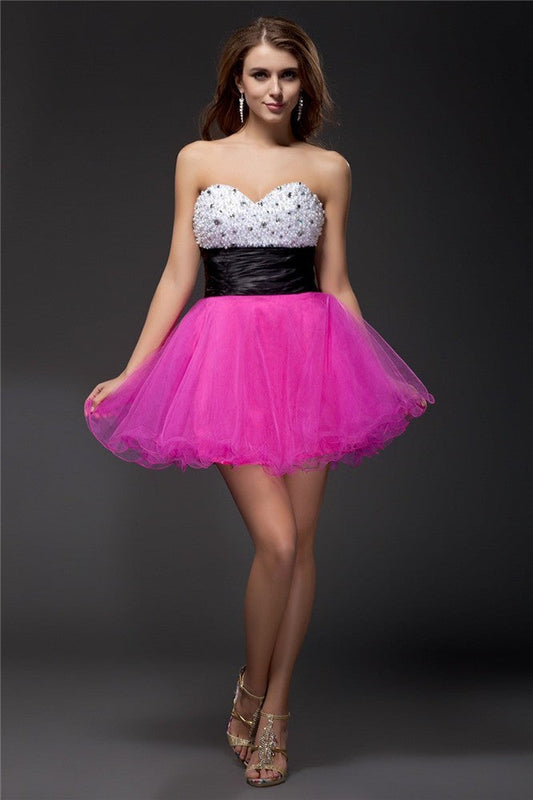 A-Line/Princess Sweetheart Beading Sash Sleeveless Homecoming Dresses Cocktail Satin Magdalena Short Organza Elastic Woven Dresses