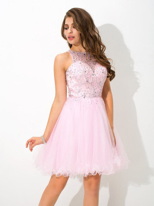 Harriet Cocktail Homecoming Dresses A-Line/Princess Sheer Neck Beading Sleeveless Short Net Dresses