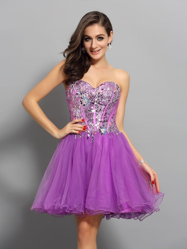 A-Line/Princess Sweetheart Beading Sleeveless Short Dresses Cocktail Mckenna Satin Homecoming Dresses