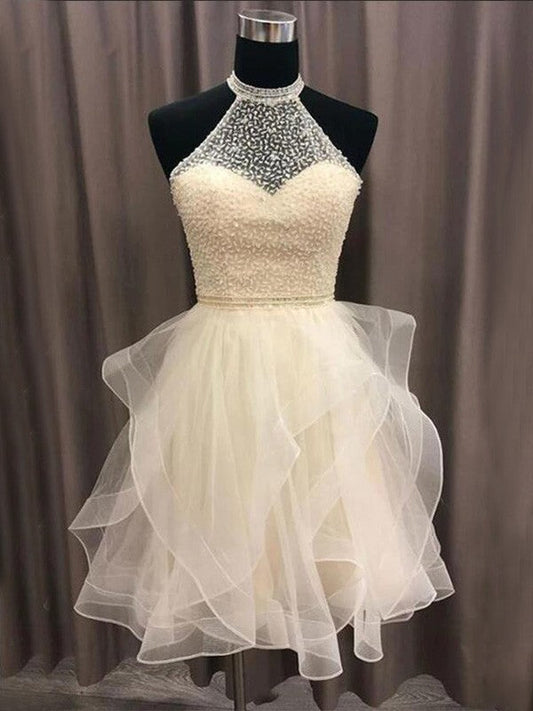 A-Line/Princess Organza Homecoming Dresses Mandy Beading Halter Sleeveless Short/Mini