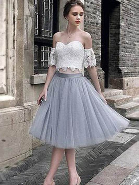 A-Line/Princess Sweetheart Tulle Sleeveless Tea-Length Two Piece Dresses Homecoming Dresses Lace Kimora