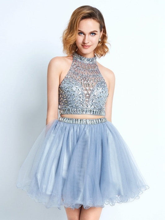 A-Line/Princess High Lindsey Homecoming Dresses Neck Sleeveless Beading Short/Mini Net Two Piece Dresses