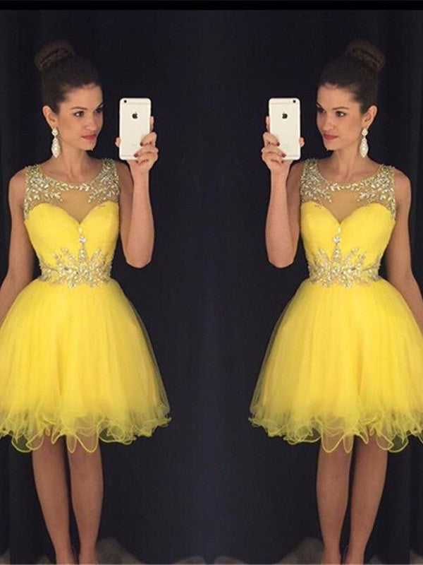 A-Line/Princess Homecoming Dresses Persis Scoop Sleeveless Beading Tulle Short/Mini Dresses