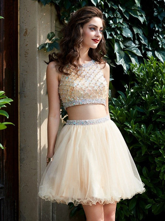 A-Line/Princess Homecoming Dresses Juliana Scoop Net Sleeveless Beading Short/Mini Two Piece