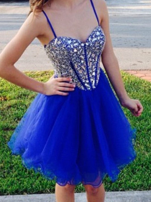 A-Line/Princess Sleeveless Sweetheart Beading Tulle Homecoming Dresses Jasmin Short/Mini Dresses