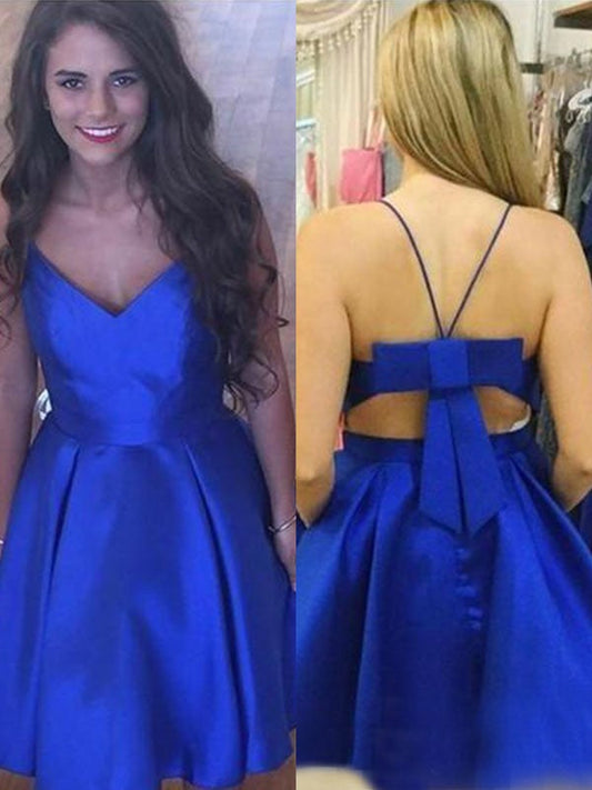 A-Line/Princess Bowknot Spaghetti Straps Sleeveless Short/Mini Homecoming Dresses Lorelei Satin Dresses