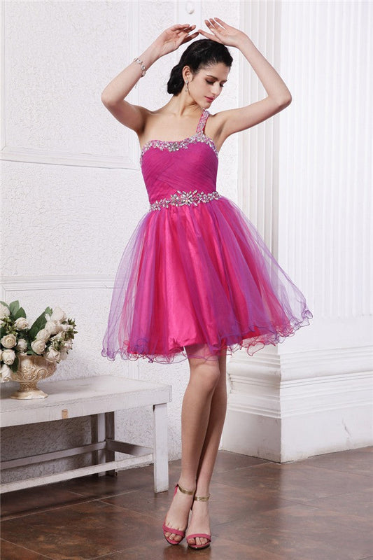 Cocktail Sal Homecoming Dresses A-Line/Princess One-Shoulder Sleeveless Beading Short Organza Dresses