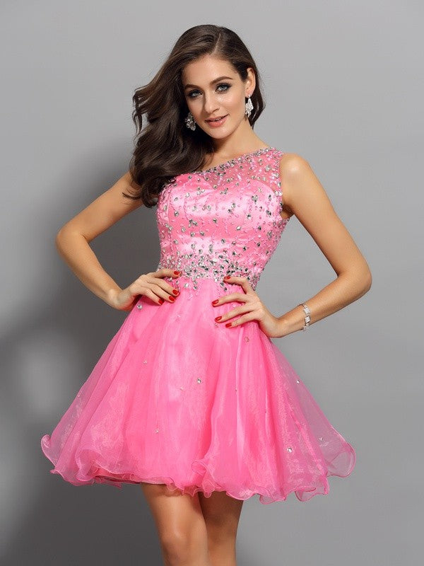 A-Line/Princess One-Shoulder Ruffles Sleeveless Short Organza Homecoming Dresses Rachel Cocktail Dresses