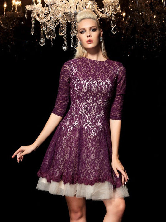 A-Line/Princess Sheer Neck 1/2 Corinne Homecoming Dresses Cocktail Lace Sleeves Short Dresses