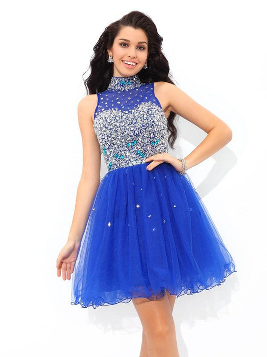 A-Line/Princess High Neck Beading Sleeveless Short Net Homecoming Dresses Cocktail Yuliana Dresses