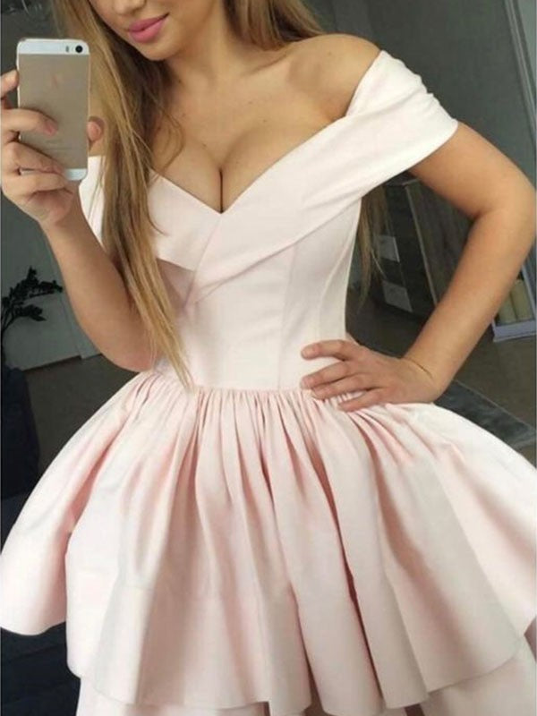 A-Line/Princess Sleeveless Homecoming Dresses Jasmine Satin Ruched Off-The-Shoulder Short/Mini Dresses