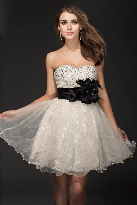 A-Line/Princess Elianna Homecoming Dresses Cocktail Sweetheart Beading Sleeveless Short Organza Dresses