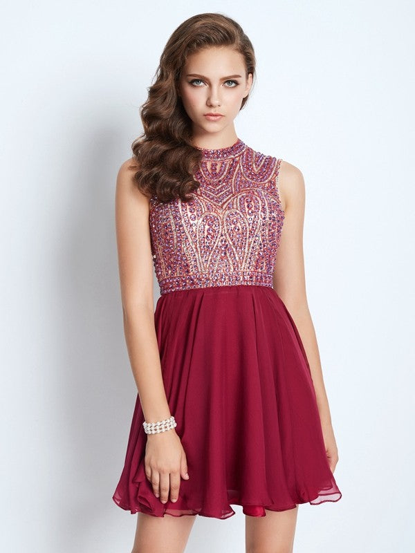 A-Line/Princess Jewel Sleeveless Beading Short/Mini Dresses Chiffon Madison Homecoming Dresses