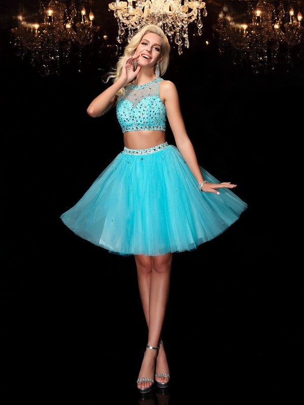 Viviana Homecoming Dresses A-Line/Princess Scoop Rhinestone Sleeveless Short Net Dresses