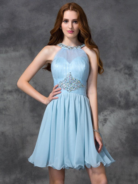 Chiffon Selena Cocktail Homecoming Dresses A-Line/Princess Scoop Beading Sleeveless Short Dresses