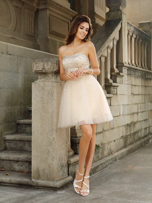 Satin Thalia Homecoming Dresses Cocktail A-Line/Princess Strapless Beading Sleeveless Short Dresses