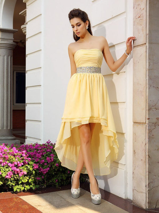 A-Line/Princess Lauren Chiffon Cocktail Homecoming Dresses Strapless Beading Sleeveless High Low Dresses