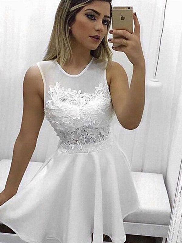 A-Line/Princess Homecoming Dresses Isla Satin Sleeveless Scoop Applique Short/Mini Dresses