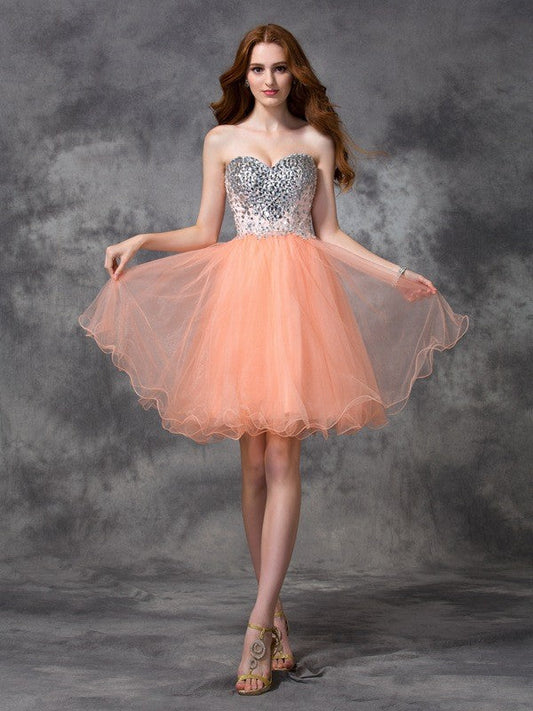 Cocktail Homecoming Dresses Lilyana A-Line/Princess Spaghetti Straps Beading Sleeveless Short Net Dresses