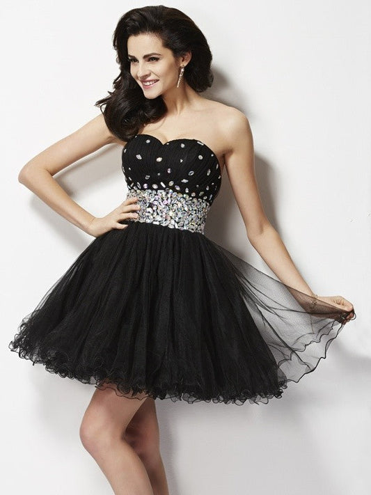 A-Line/Princess Satin Homecoming Dresses Essence Sweetheart Sleeveless Beading Sequin Short Elastic Woven