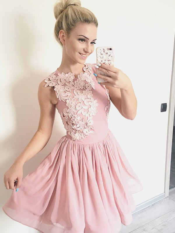 A-Line/Princess Scoop Sleeveless Homecoming Dresses Clarissa Chiffon Applique Short/Mini Dresses