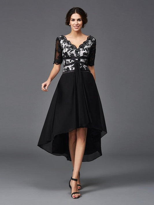 A-Line/Princess V-Neck 1/2 Sleeves Lace Mina Homecoming Dresses Chiffon High Low Dresses