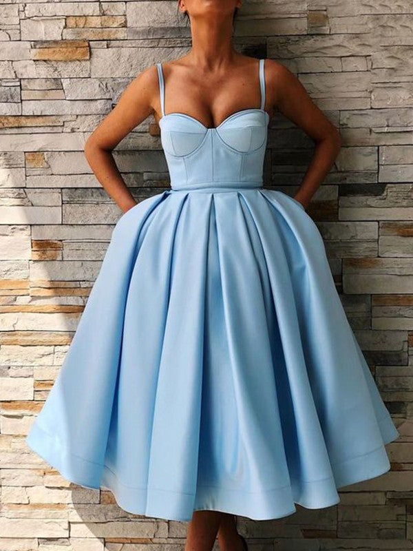 Ball Gown Ruffles Spaghetti Mollie Satin Homecoming Dresses Straps Sleeveless Tea-Length