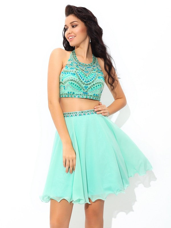 A-Line/Princess Sheer Neck Rhinestone Sleeveless Short Two Piece Homecoming Dresses Chiffon Susanna Dresses