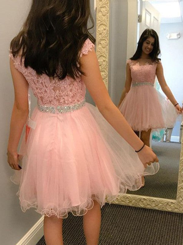 A-Line/Princess Aleah Homecoming Dresses Sleeveless Bateau Tulle Beading Applique Short/Mini Dresses