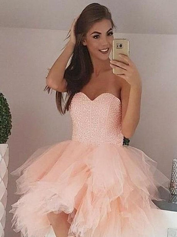 A-Line/Princess Tulle Beading Homecoming Dresses Saniya Sweetheart Sleeveless Short/Mini