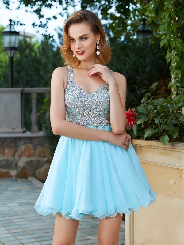 A-Line/Princess Sleeveless Rhinestone Straps Angelique Homecoming Dresses Chiffon Short/Mini Dresses