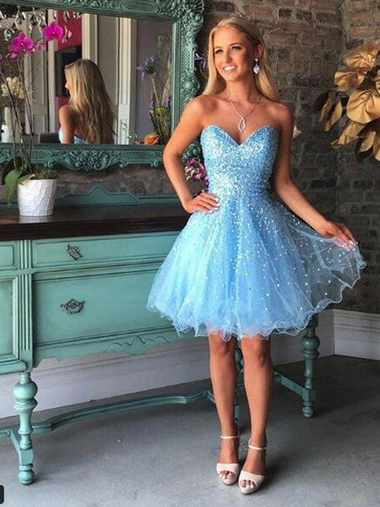 A-Line/Princess Sleeveless Sweetheart Net Beading Short/Mini Homecoming Dresses Patience Dresses