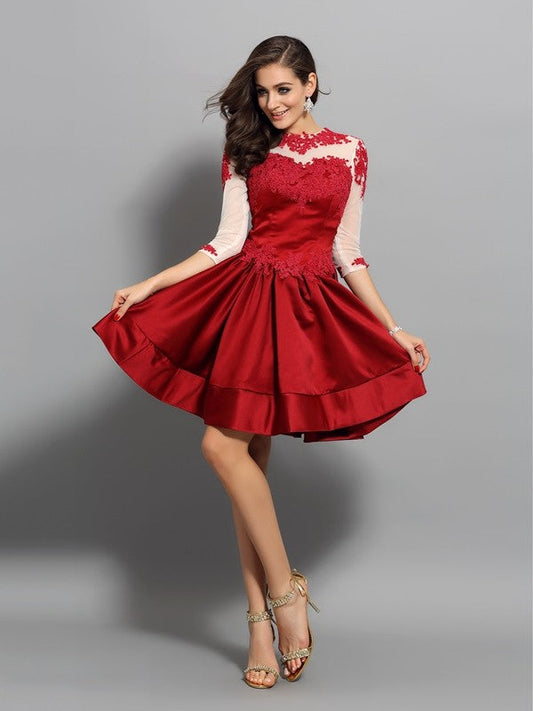 A-Line/Princess High Neck Applique Cocktail Marina Satin Homecoming Dresses 1/2 Sleeves Short Dresses