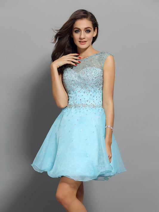 A-Line/Princess Scoop Homecoming Dresses Daniela Cocktail Beading Sleeveless Short Organza Dresses