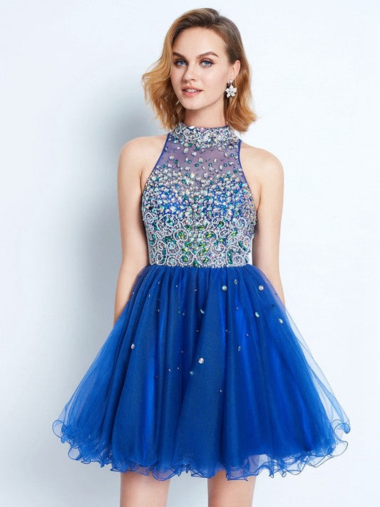 A-Line/Princess High Homecoming Dresses Matilda Neck Ruffles Sleeveless Short/Mini Net Dress