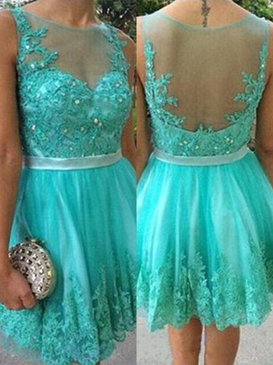 A-Line/Princess Applique Scoop Homecoming Dresses Mary Tulle Sleeveless Short/Mini Dresses