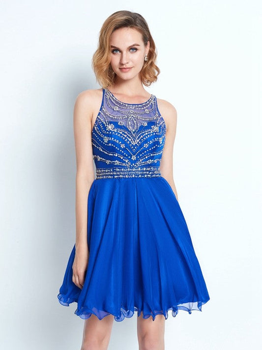 A-Line/Princess Sleeveless Scoop Beading Short/Mini Dresses Rita Chiffon Homecoming Dresses