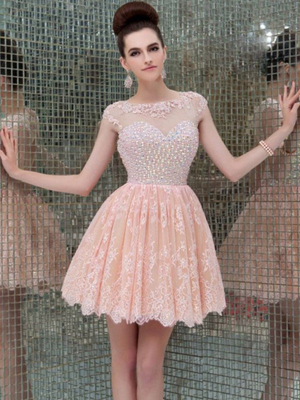 A-Line/Princess Sleeveless Scoop Savanah Lace Homecoming Dresses Beading Short/Mini Dresses