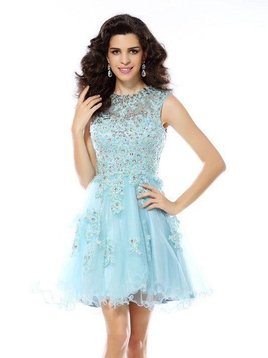 A-Line/Princess Scoop Beading Applique Homecoming Dresses Satin Roselyn Cocktail Sleeveless Short Dresses