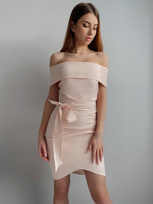 Homecoming Dresses Renata Sheath/Column Stretch Crepe Sash/Ribbon/Belt Off-The-Shoulder Sleeveless Short/Mini Dresses