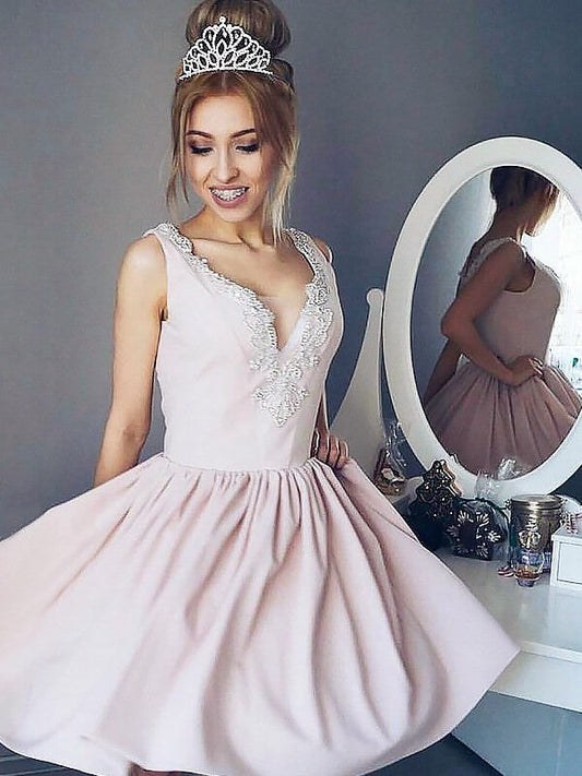 A-Line/Princess V-Neck Sleeveless Short/Mini Alison Satin Homecoming Dresses Dresses