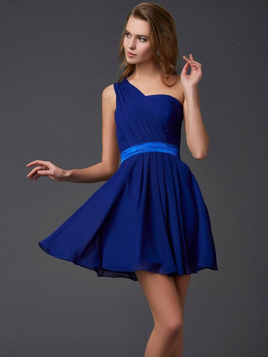 A-Line/Princess Homecoming Dresses Chiffon Serenity One-Shoulder Sleeveless Pleats Short