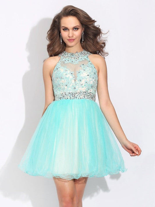 A-Line/Princess High Neck Sleeveless Homecoming Dresses Marissa Lace Short Net Dresses