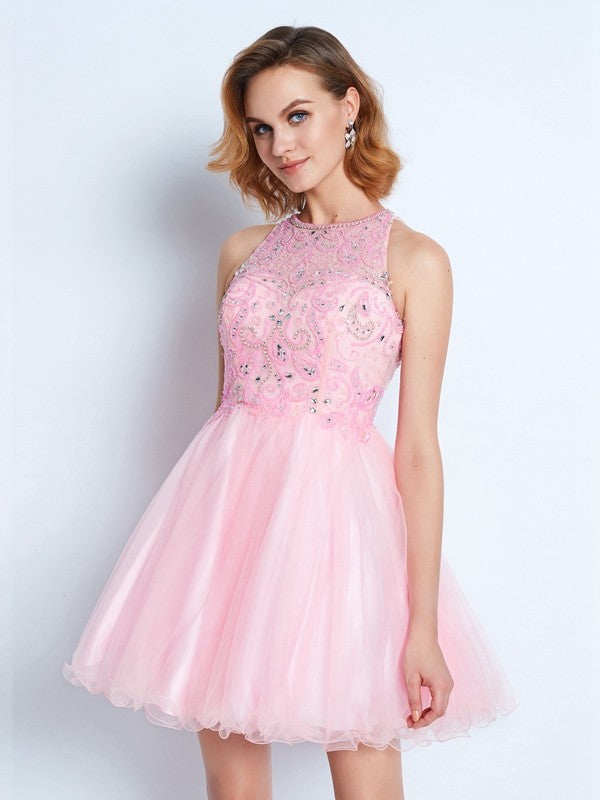 A-Line/Princess Sleeveless Jewel Short/Mini Homecoming Dresses Cecilia Net Ruffles Dresses