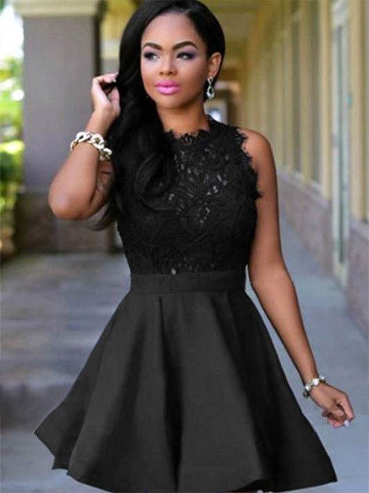 A-Line Homecoming Dresses Satin Sophronia Lace Jewel Cut Short With Black