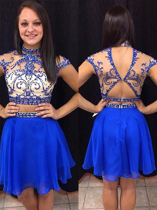 A-Line/Princess Sleeveless High Neck Beading Homecoming Dresses Chiffon Marisol Short/Mini Two Piece Dresses