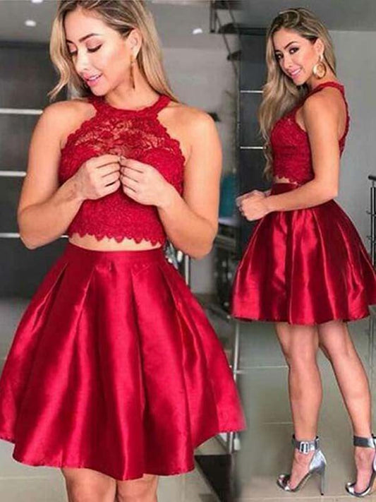 A-Line/Princess Sleeveless Halter Short/Mini Two Homecoming Dresses Lace Satin Terri Piece Dresses