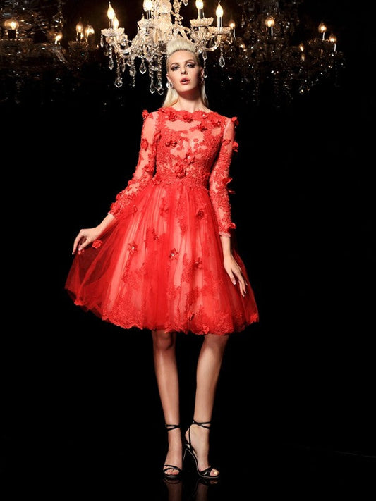 A-Line/Princess Sheer Homecoming Dresses Cocktail Justine Neck Applique 3/4 Sleeves Short Net Dresses